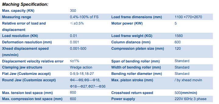 Máquina universal de ensayos Model AFDW-300E - Specs